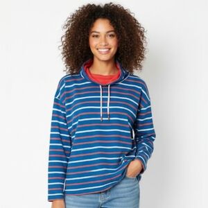LL Bean Women's Heritage Mariner Top, Funnelneck Stripe Blue Red Medium Cotton‎